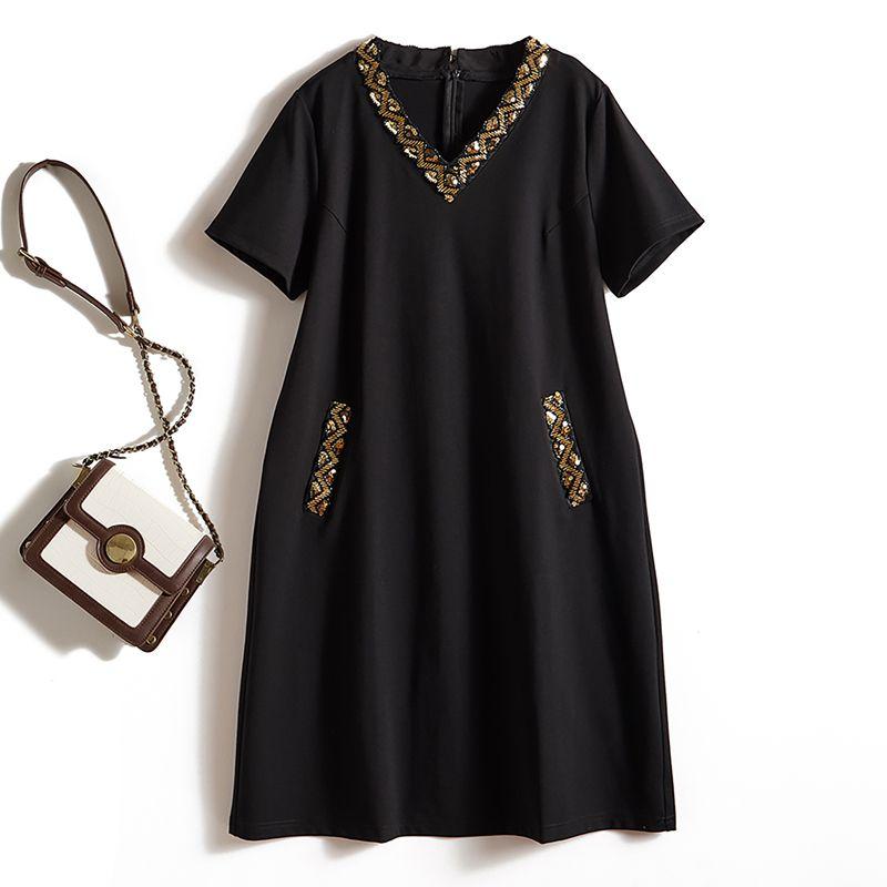 Thousands of Yuan on the Cabinet G Elegant Commuter Women Metal Sequins V-neck Portable Ponte De Roma Anti-Wrinkle Slimming Dress Amoi