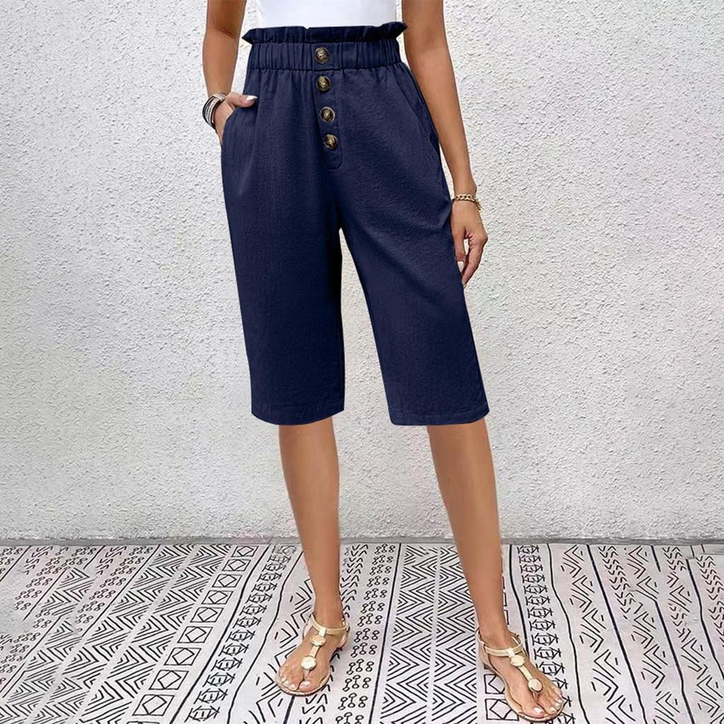 New Solid Color Cotton And Linen Pocket Button Women'S Casual Pants Shorts