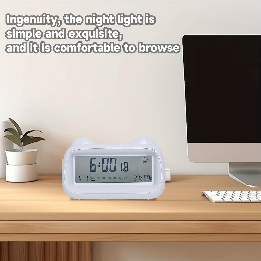 Modern LED Cat Alarm Clock with Silent Mode, Digital Display for Time, Date,Temperature Cartoon Cat Design,Battery Operated AAA,Ideal for Home Decor,