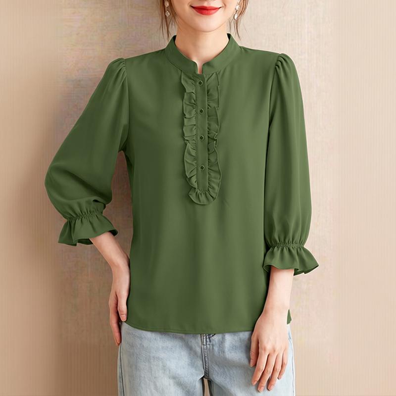 ZANZEA Women Casual Stand Collar Solid Color Loose 3/4 Sleeve Blouse