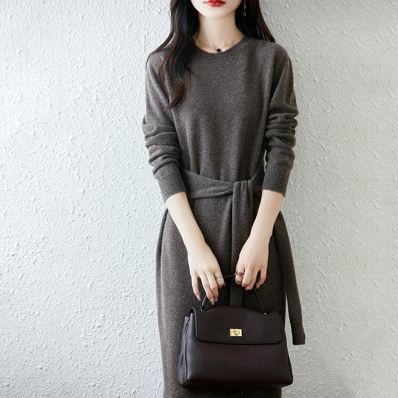 Women Sweater Dress 100% Wool TIDENOVEL O-neck Knit Long Pullover Winter Jumpers Wool Long Dress Female