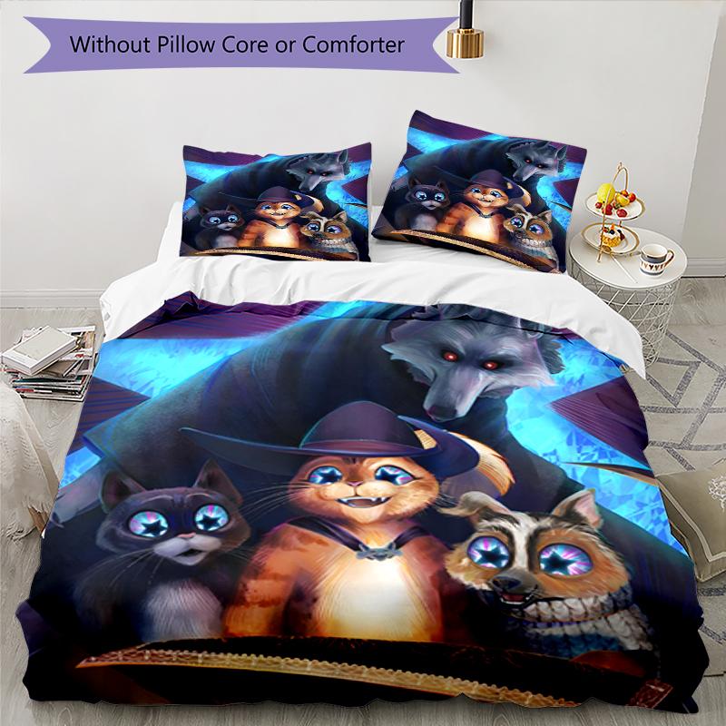 3pcs Puss In Boots Bedding Set Duvet Cover Closure Includes 1 Duvet Cover & 2 Pillowcases, Soft and Comfortable for All Seasons.