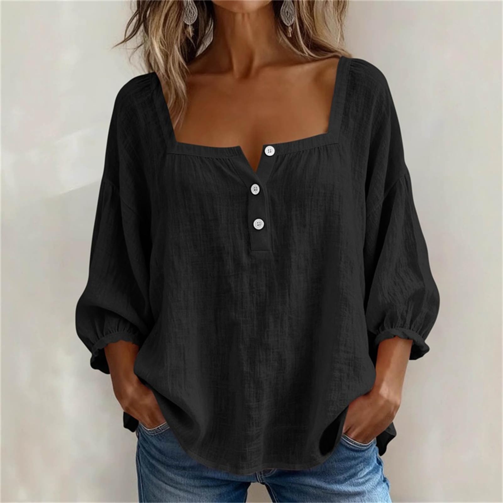 

Women 3/4 Sleeve Tops Button Up Square Neck Blouses Loose Casual Cotton Linen Tops L