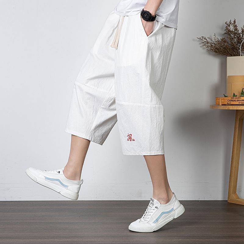 

Мужские летние свободные брюки изо льна большого размера в китайском стиле, повседневные бриджи с завышенной талией S белый