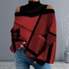 Kadın Güz Bahar Üst Oymak Kapalı Omuz Renk Eşleşen Geometrik Baskı Uzun Kollu Gevşek Yüksek Yaka Kazak Bayan Orta Uzunluk T-shirt Bluz