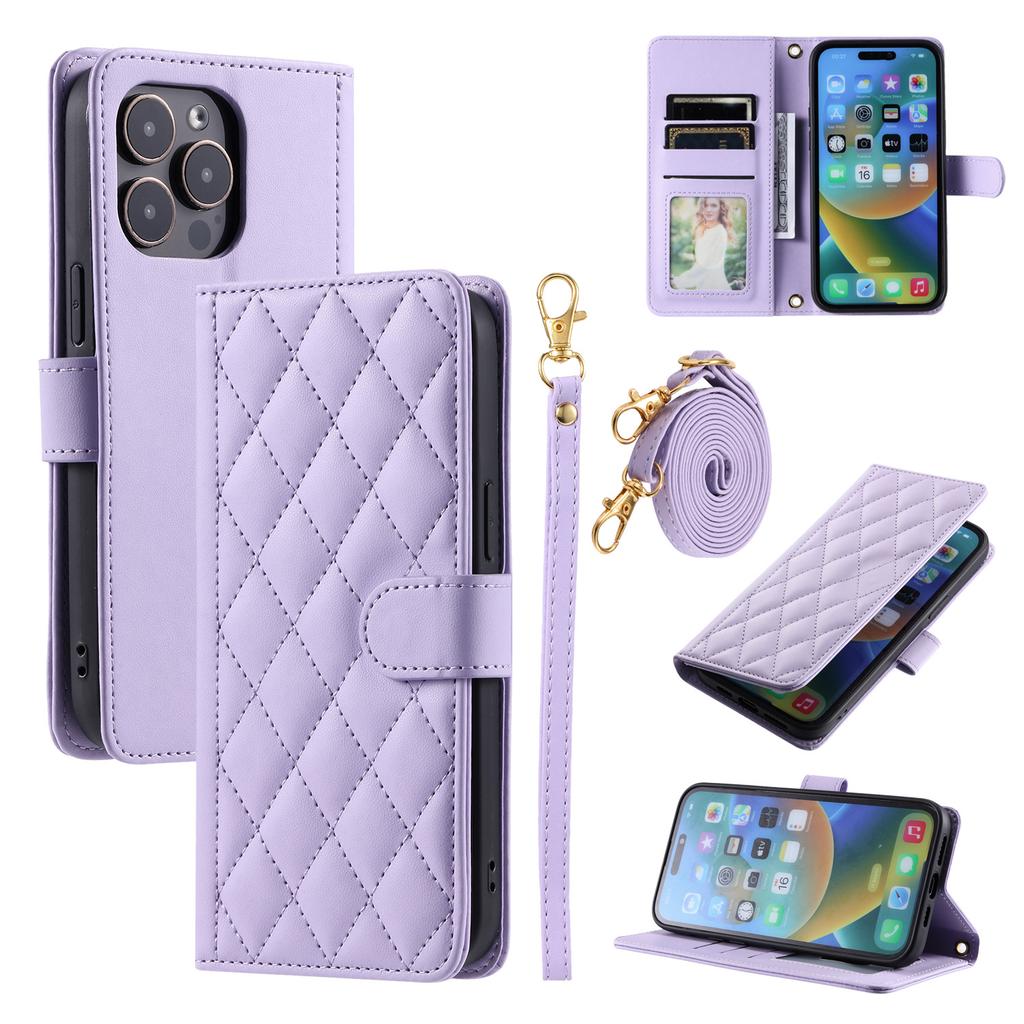 Applicable to iPhone16 mobile phone leather case 13Pro small fragrant wind rhombus plaid diagonal span leather case 14plus portable rope