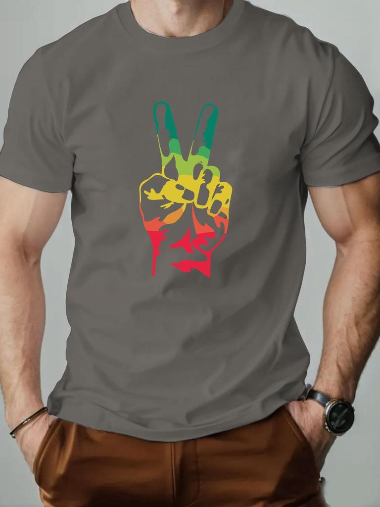 Unisex O Neck Tee Rainbow Peace Hand Gesture Print Cotton Short Sleeve Loose Summer Breathable Daily Casual Basic Wear Top