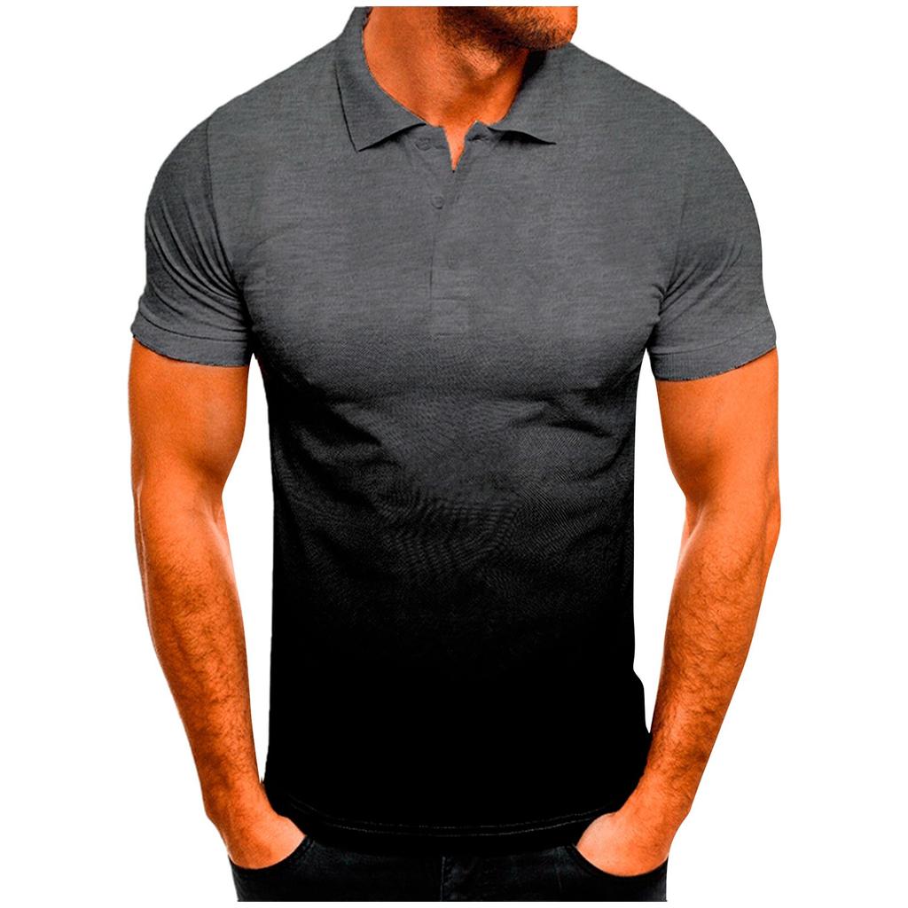 Mens Casual Sport Gradient Lapel Button Short Sleeve Top T-Shirt Blouse
