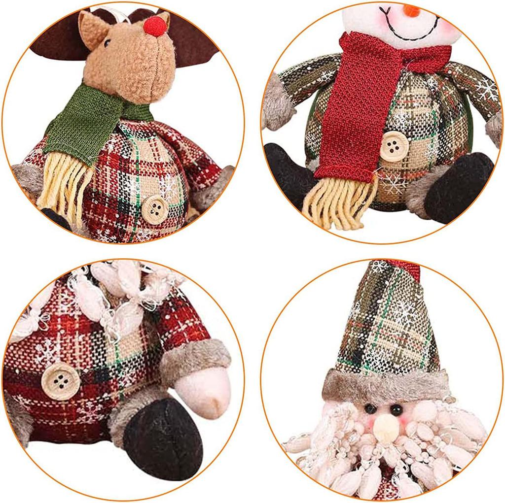 Plaid Button Christmas Snowman & Reindeer Plush Ornament
