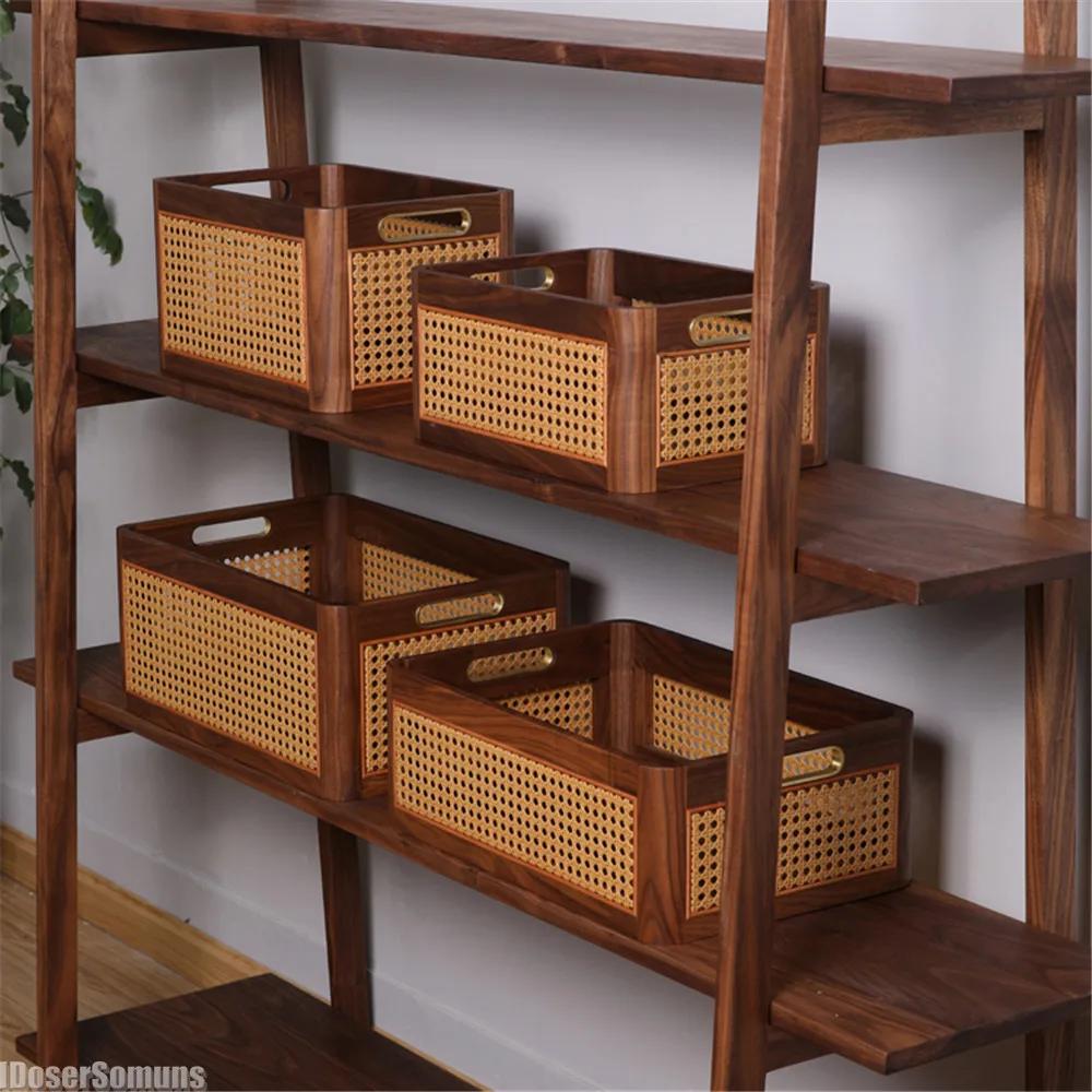 Organizer Luxury Kitchen Desktop Solid Wood Storage Box Retro Rattan Basket Book Snacks Cosmetics Home Appliance