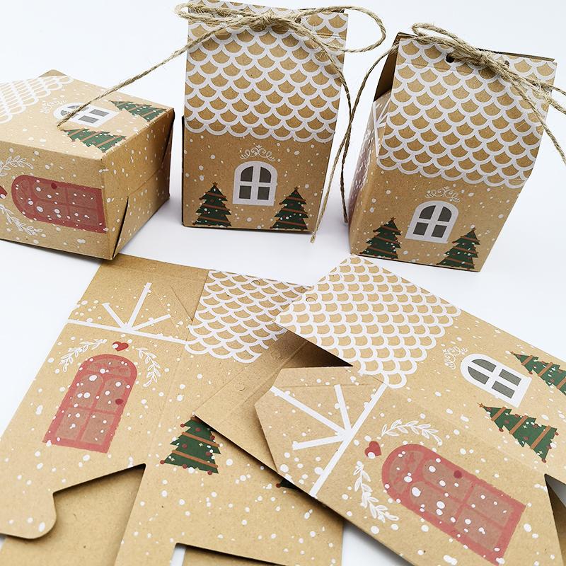 5Pcs Merry Christmas Gift Boxes House Shape Kraft Paper Candy Cookie Bags Packaging Boxes Christmas Tree Pendant Party Decor
