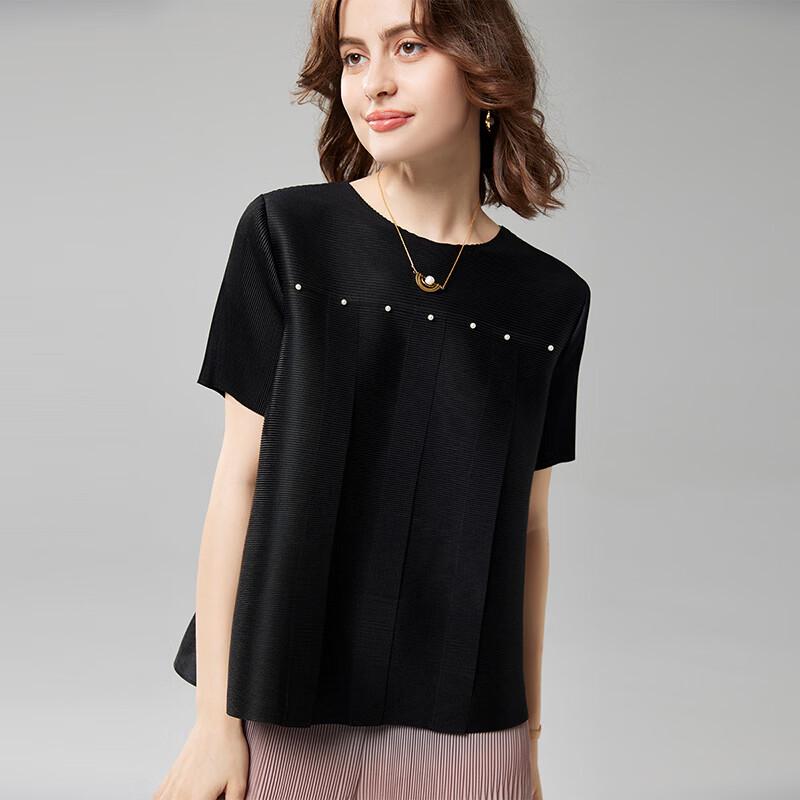 Wudao Light Luxury Pleated Beaded Round Neck Short Sleeve T-Shirt
