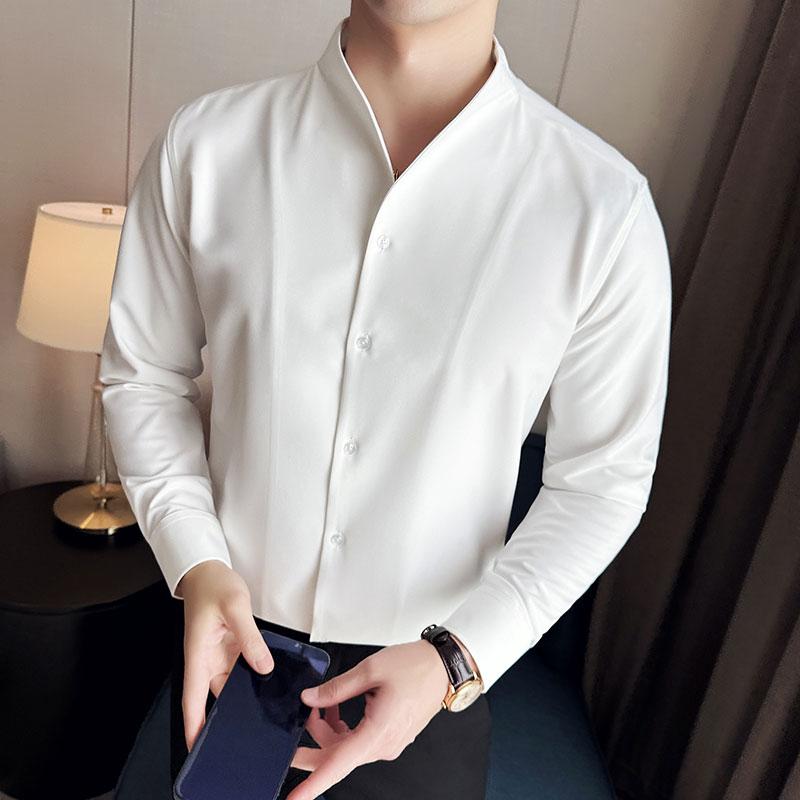 Spring Autumn New Men's V-Neck Shirt British Style Anti-Wrinkle Soft Solid Casual Elastic Slim Fit Long Sleeved Shirt Men Clothing