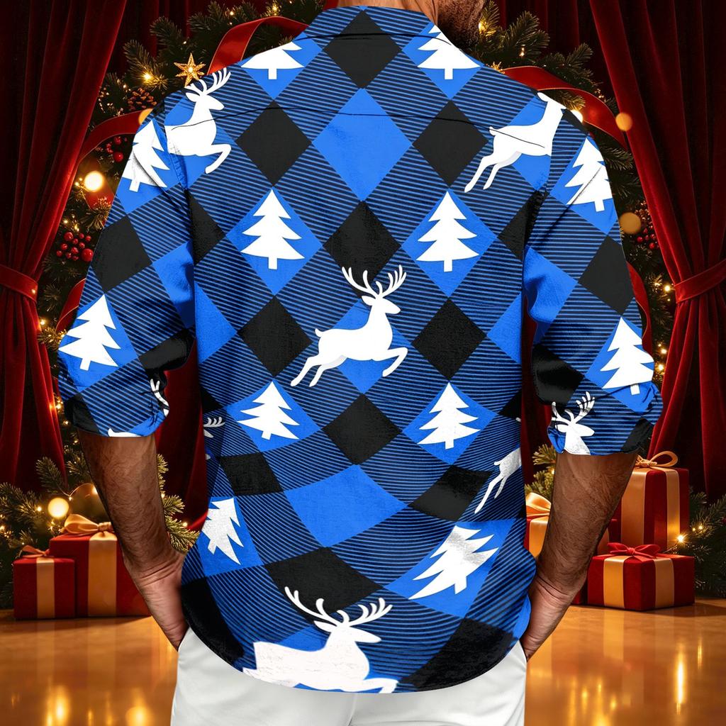 Men's Casual Long Sleeve Christmas Print Shirt for Spring and Fall