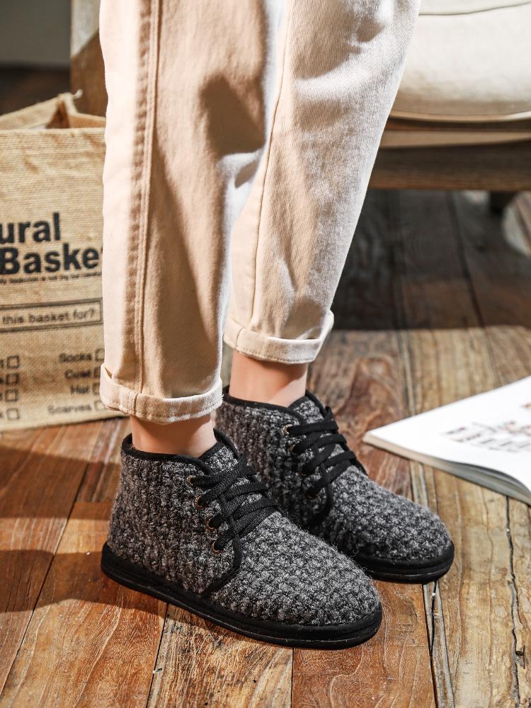 Johnature Botas curtas femininas casuais, sapatos de algodão quentes e de pelúcia, feitos à mão, com sola macia e cadarço, sapatos de pano