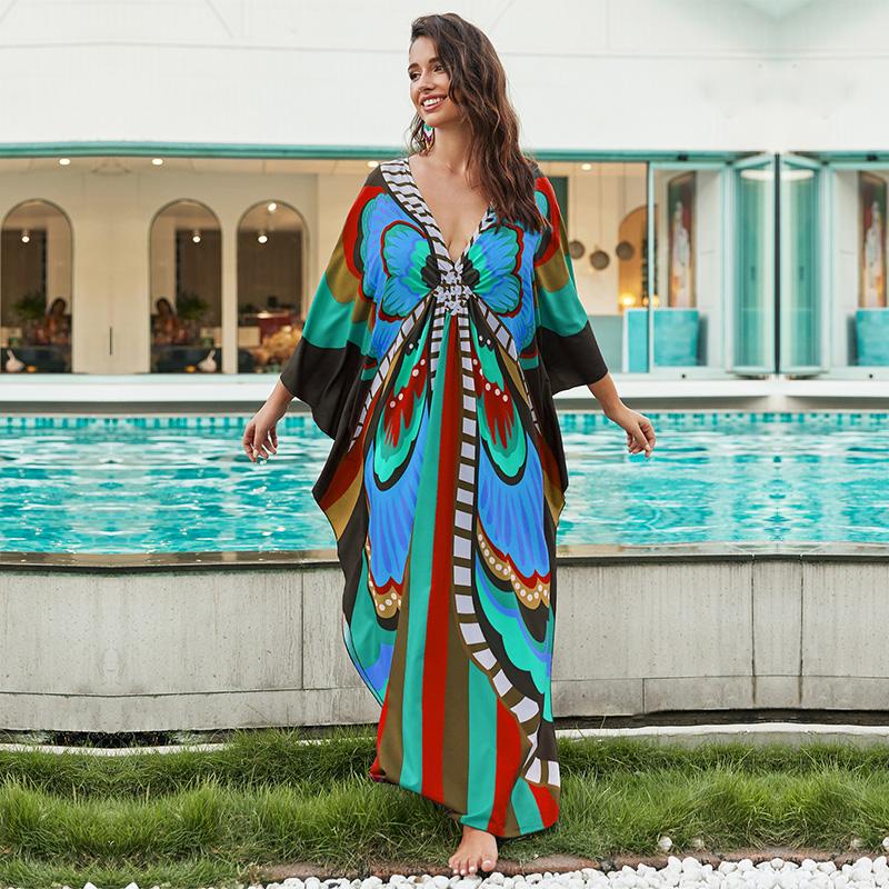 EDOLYNSA Plus Size Kaftan Red Bohemian Printed Summer Long Beach Dress Women Homewear Outfit Swim Suit Cover Up Loose Caftan