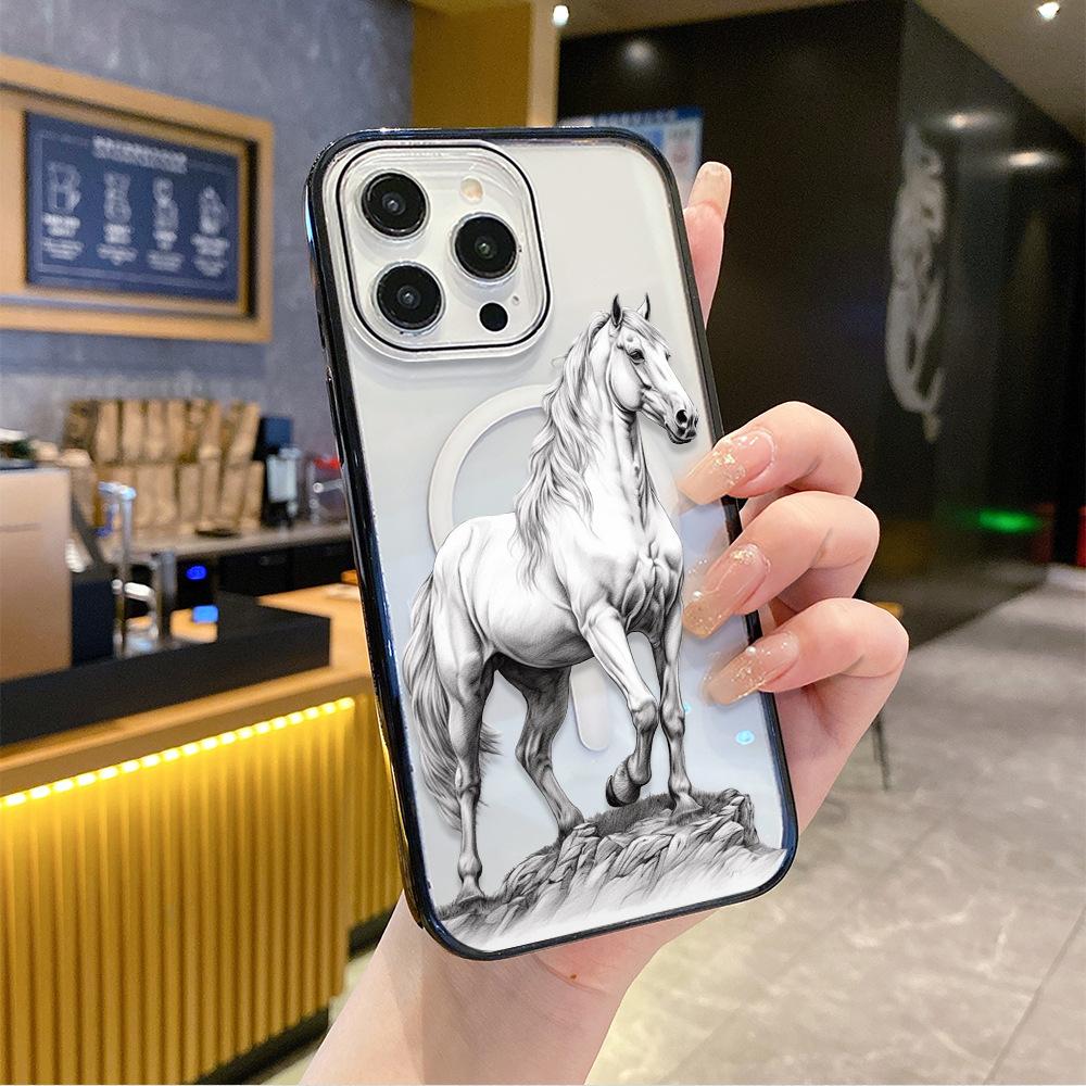 Ozon Popular Art Sketch White Horse Mobile Phone Case iPhone12 Advanced Magnetic Attraction Transparent Apple 17promax