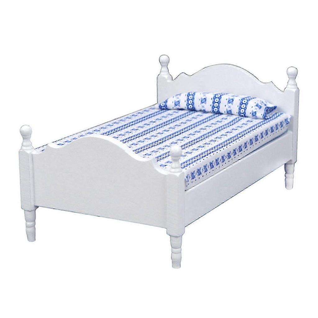 1/12 Scale Wooden Single Bed With Mattress And Pillows For Doll House Bedroom Decorative Accessorie