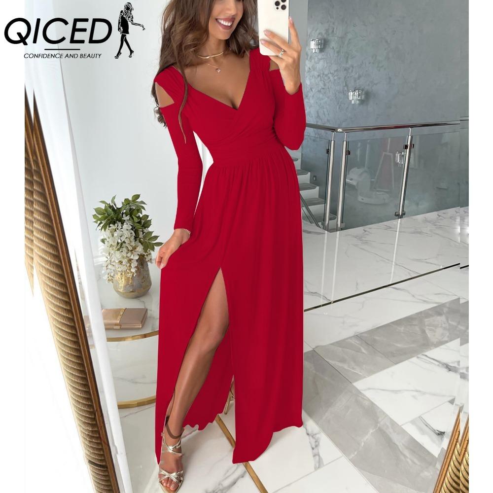 QICED Maxi Dress Solid Color Big Hem Women Elegant Irregular Waist Travel