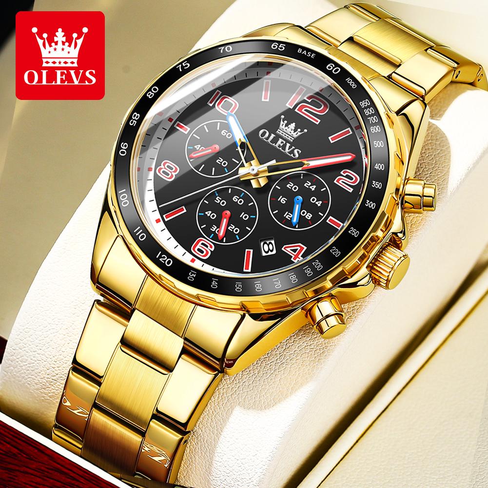 OLEVS TY714 Mens Watch Classic Fashion Original Quartz Chronograph Wristwatch Waterproof Stainless Steel Luminous Date With Box