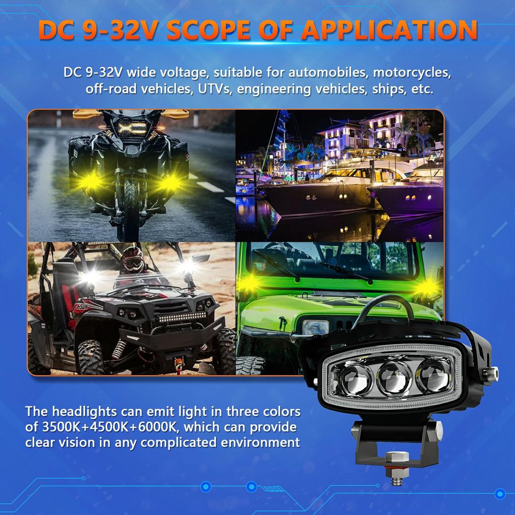 Motorcycle LED Headlight 3 Lens 6 Modes High Low Beam Spotlight Off Road Electric Vehicle Work Light