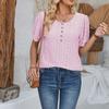 Spring/Summer Women's Button Round Neck Bubble Sleeve Loose Solid Color T-shirt Top