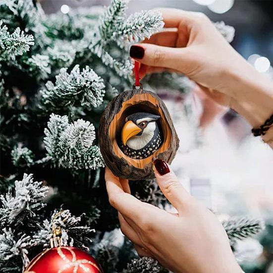 5Pcs Christmas Animal Ornaments 2D Acrylic Cute Wildlife Pendant Raccoon Owl Squirrel Hedgehog Bird Tree Hole Wood Texture Hanging Decorations