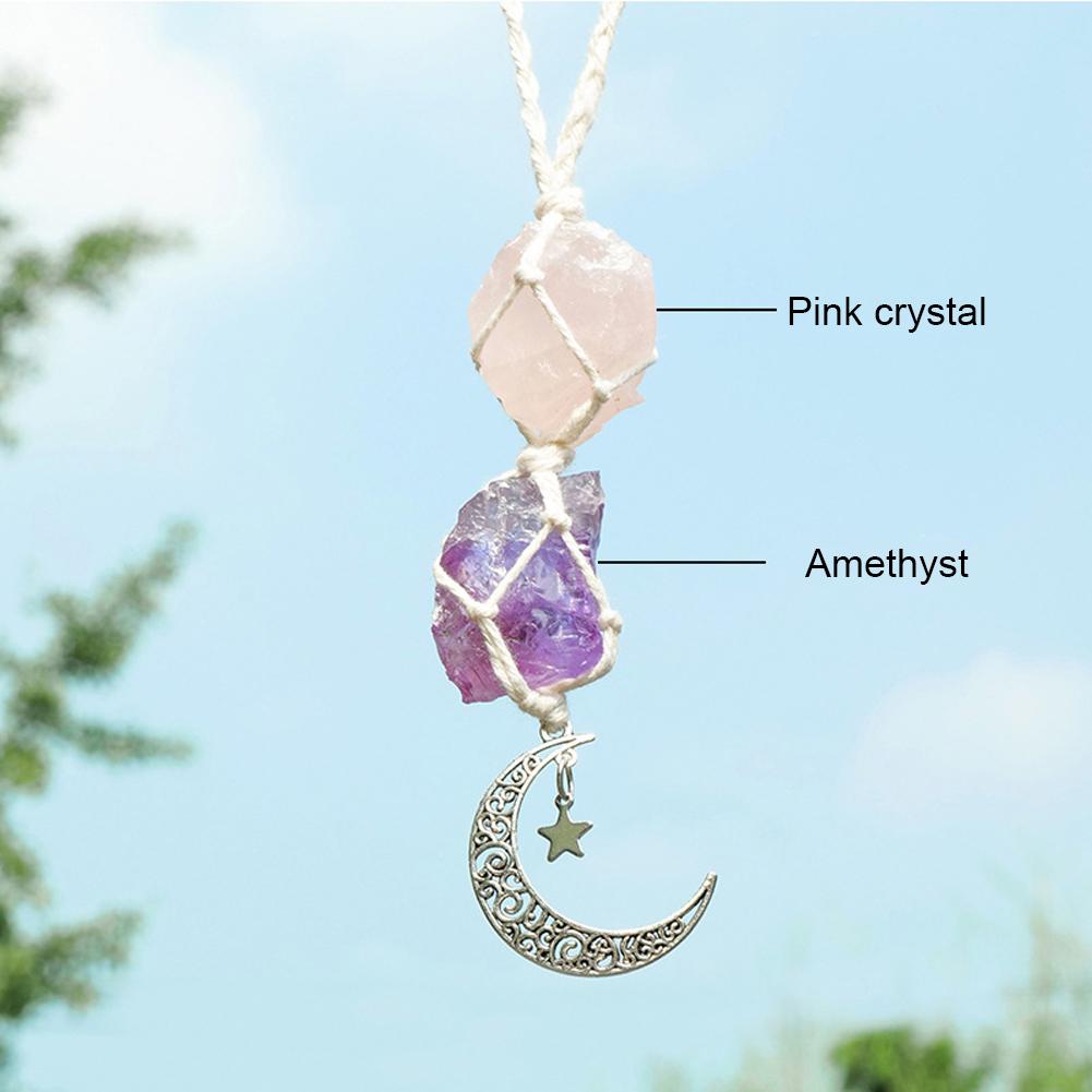 Ornement Suspendu de Voiture en Cristal Améthyste Décoration de Rétroviseur Intérieur Lune Suspendue Pierre Brute de Cristal Tourmaline Noire Décoration de Voiture