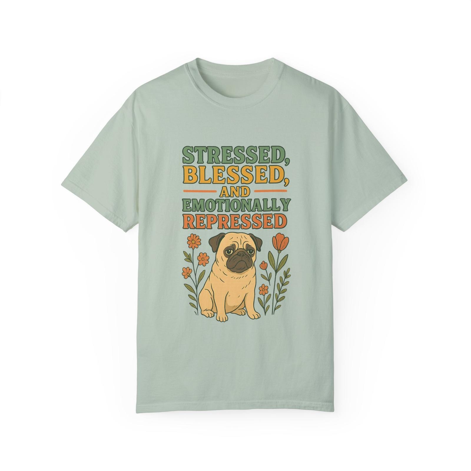 Funny pug shirt, stressed blessed emotionally distressed pug gift floral T-shirt M