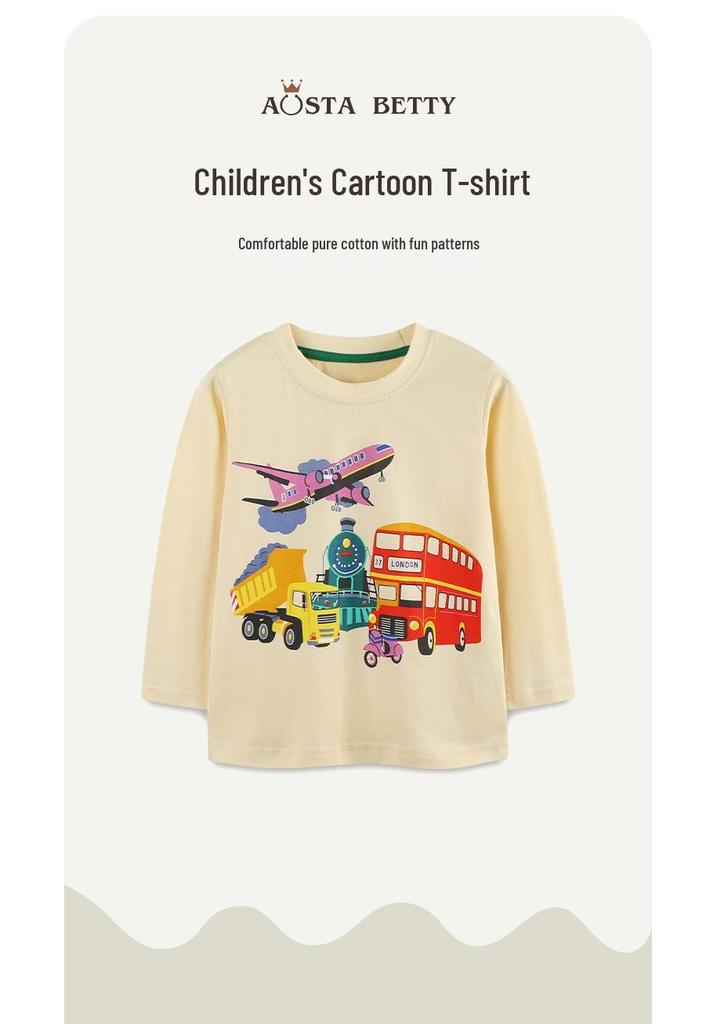 Autumn 2025 European Kids Cartoon Car Print Long Sleeve T-shirt