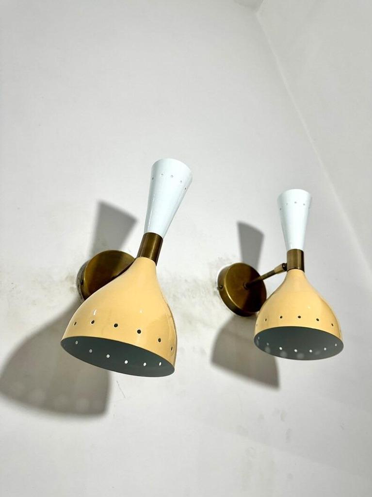 Mid Century Italian Brass Wall Sconce Pair: Beige & White Diablo Lights