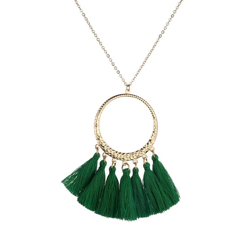 

LOVBEAFAS Fashion Zircon Long Tassel Necklace For Women Gold Color Round Circle Boho Vintage Statement Fringe Bohemian Necklace зелений