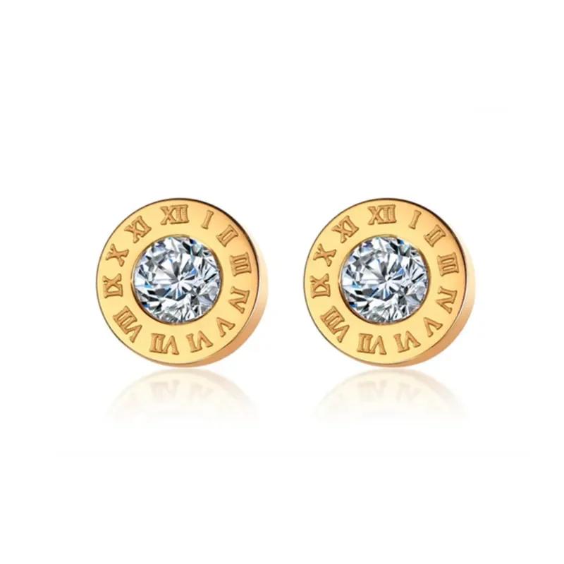 Classic Trend Geometric Circle Crystal Roman Numeral Stud Earrings for Women Temperament Gold Color Stainless Steel Jewelry Gift