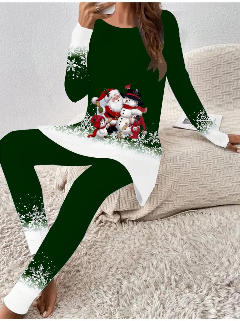 Euroamerická móda 3D Vánoční potisk Dámské Čtyřsezónní Tričko s dlouhým rukávem + Dlouhé kalhoty Dvoudílný set. Perfektní dárek na Nový rok a Vánoce