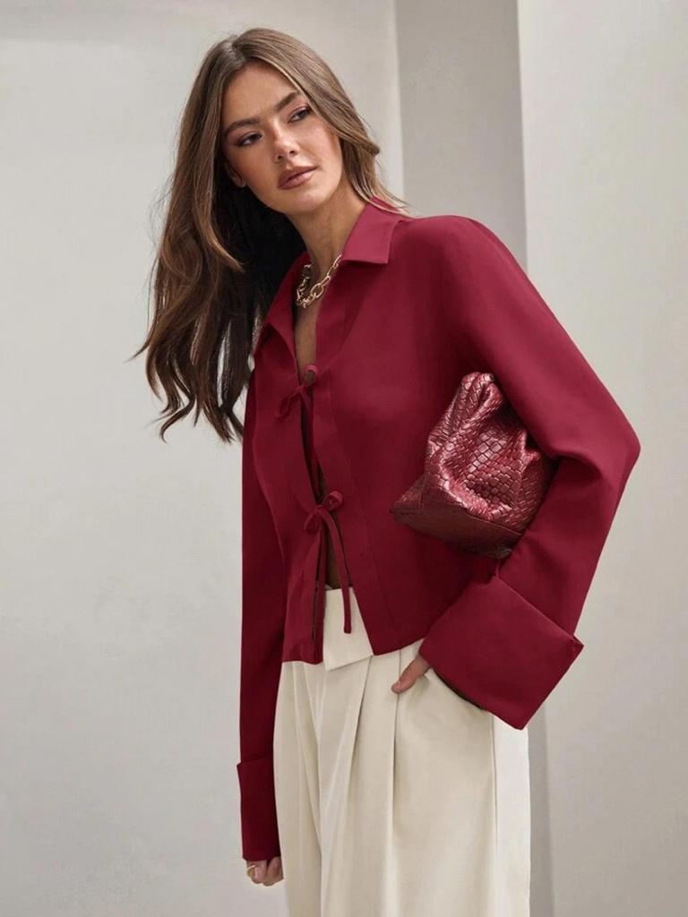 Women's 2025 Spring/Summer Long Sleeve Bow Tie-Up Cardigan Shirt