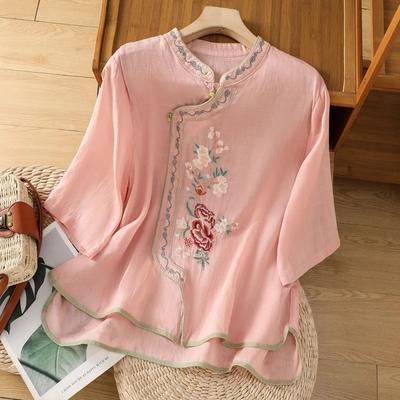 Summer Cotton and Linen Literary and Retro Embroidered Shirt Disc-buckled Stand-up Collar Seven-quarter Sleeve Pullover Top