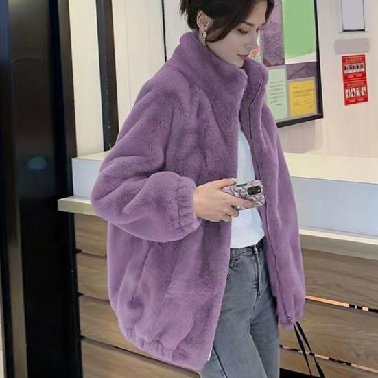 Women Coat Solid Color Double-Sided Velvet Coat with Pockets Warm Long-Sleeved Autumn Winter Outerwear