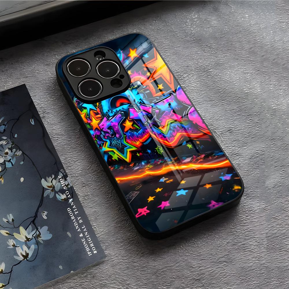 

Cool Colorful Graffiti Phone Case For IPhone 17 Air 16 E Pro Max 15 14 13 Mini 12 Pro 11 Max Plus Black Glass Cover iPhone17ProMax