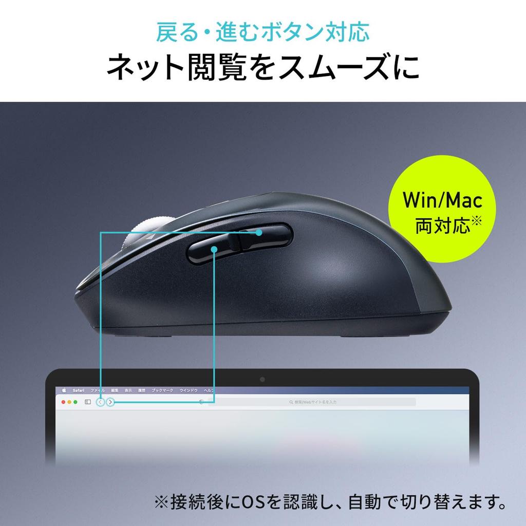SANWA DIRECT Horizontal Bluetooth 5 OS Mouse, Scrolling, High-Speed Scrolling, Quiet, Wireless, Multi-Pairing, Rechargeable, Buttons, Back/Forward