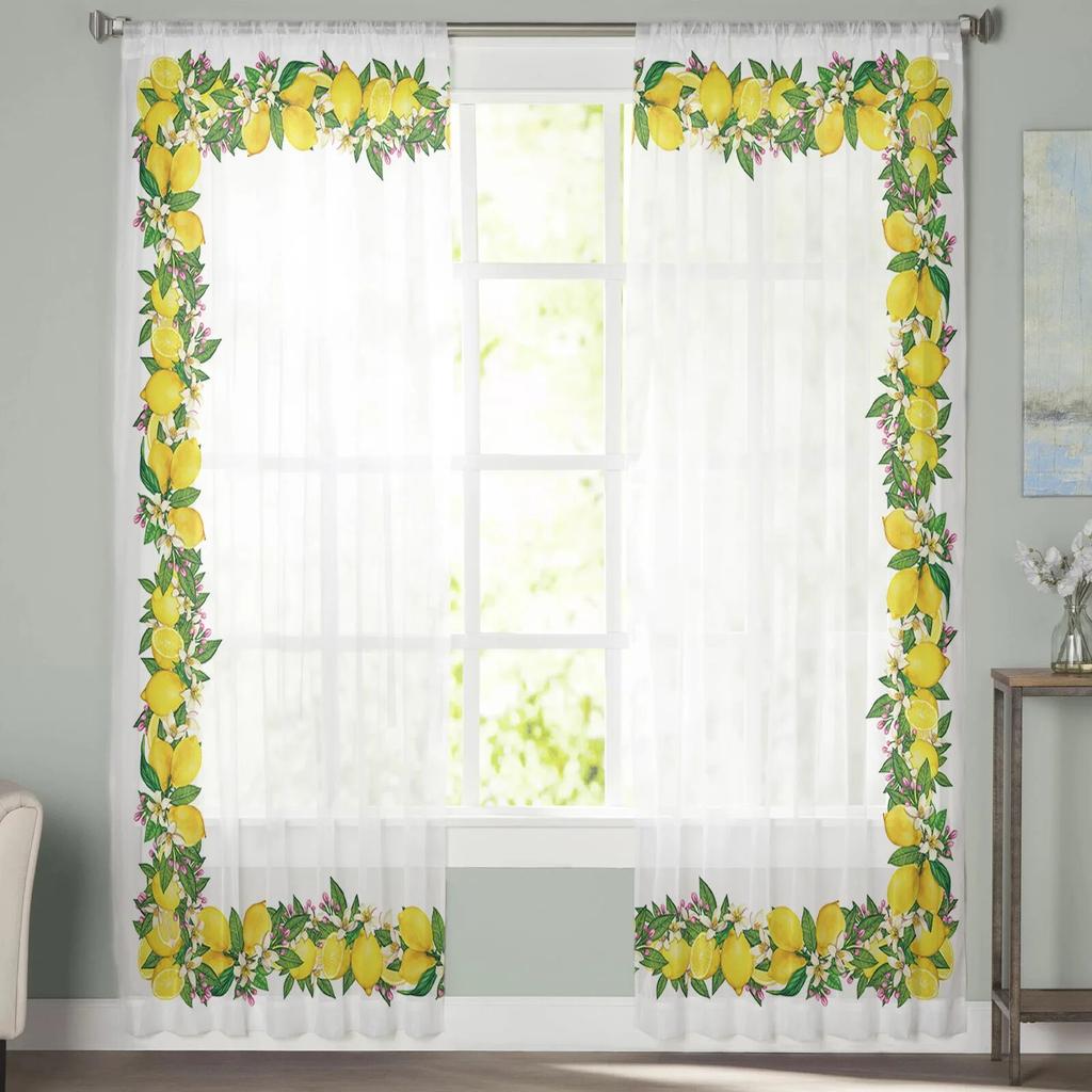 Cortinas transparentes de janela com frutas de verão e limão para sala de estar, cozinha, quarto infantil, cortina de voile suspensa