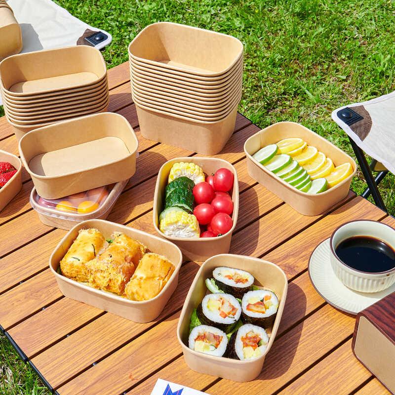 10Pcs/Set Disposable Lunch Box Kraft Paper Square Lunch Box Fast Food Packing Boxes Paper Bowls With Lid Household Bento Boxes