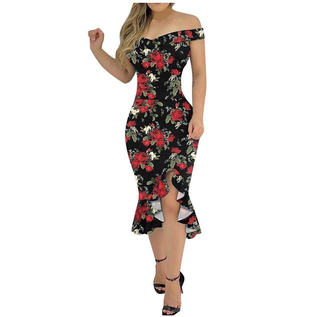 Fashion Women's Loose Sexy Prints One Shoulder Irregular  Ruffle Hip Dress