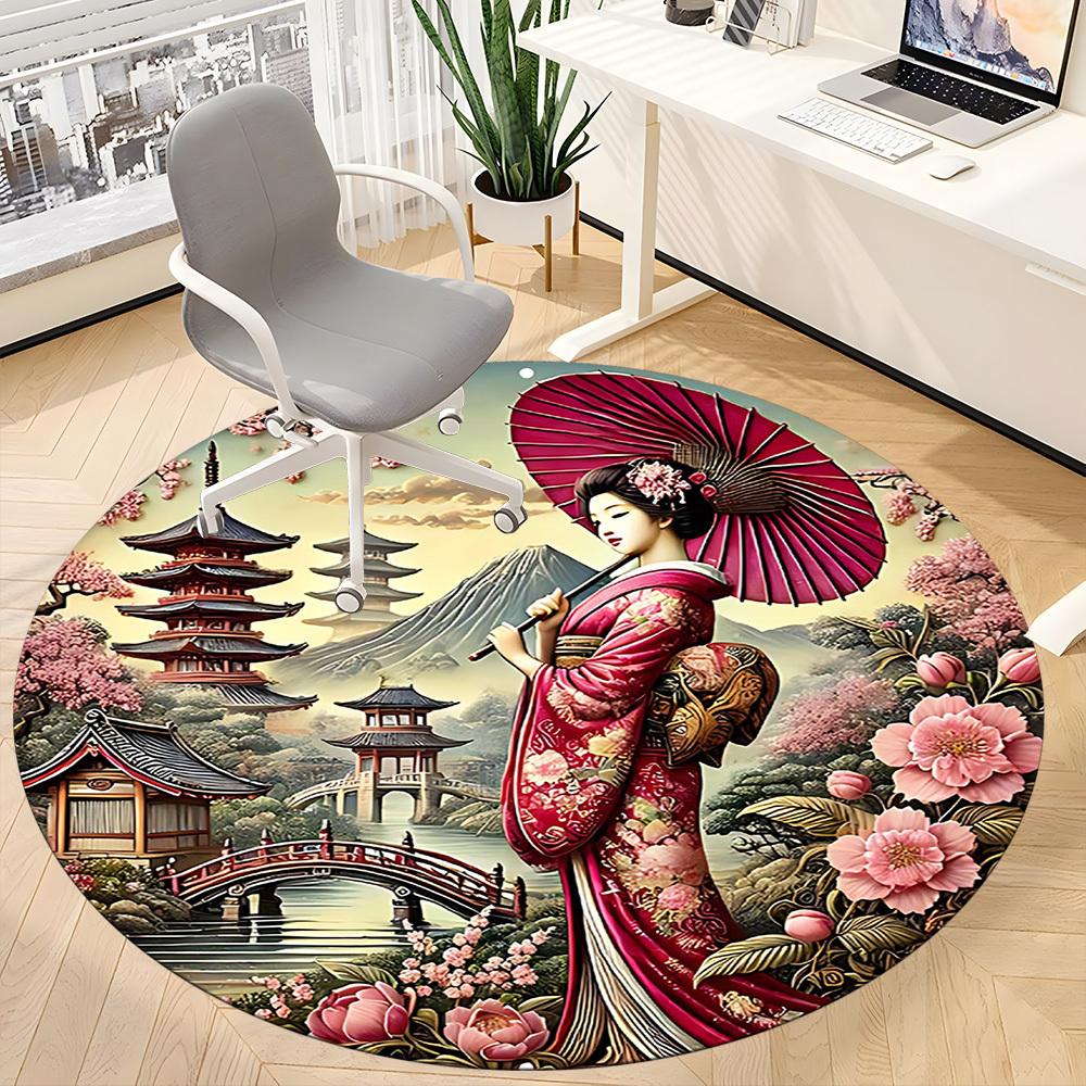 1PCGeisha Blossoms Office Round Area Rug,  Mat Suitable For Office, Under Office Chairs Bedroom Living Room Home Decor, Room Deco