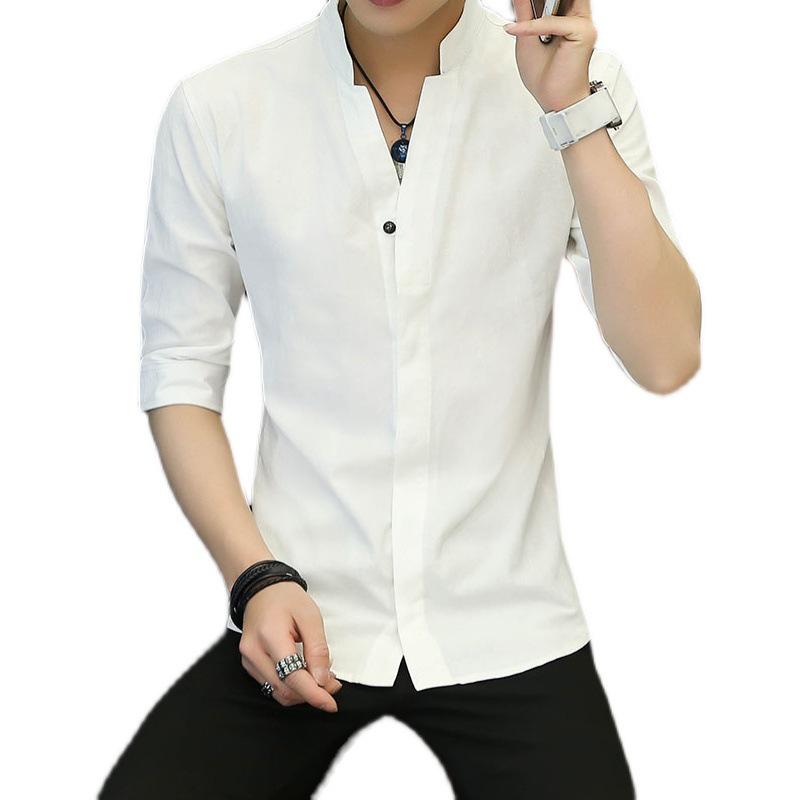 Men's Slim Fit Stand-up Collar Shirt: Short & Long-Sleeved Korean Style for Spring/Autumn