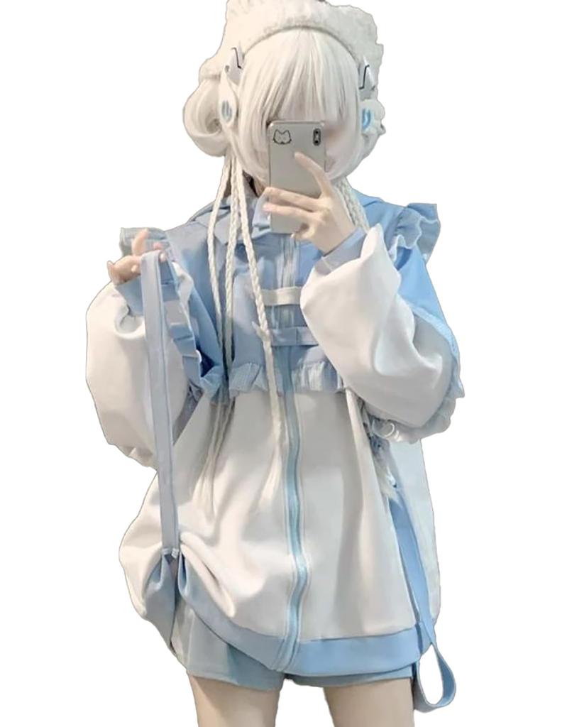 Jundakara Light Blue Long Subculture Angel Sickly Color Loose Size M Women's Hoodie, Sleeve, Style, Wings, Hooded, Ruffles, Angelic, Cute, Block,