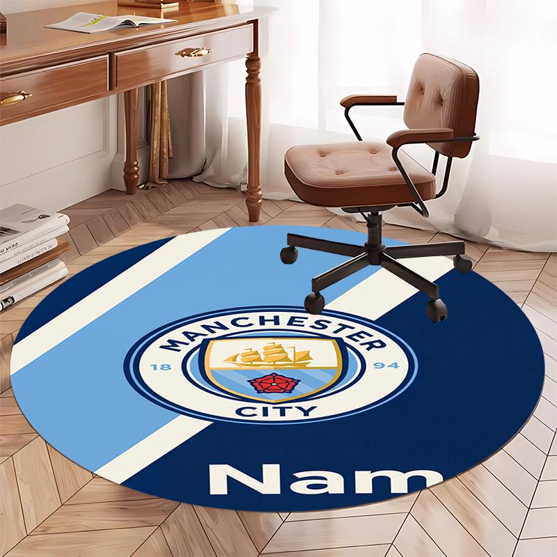 Custom Name Manchester City Printed Round Rug Carpet Chair Rug Area Rug Entryway Doormats,for Office Chair Living Room Bedroom Kitchen Room.