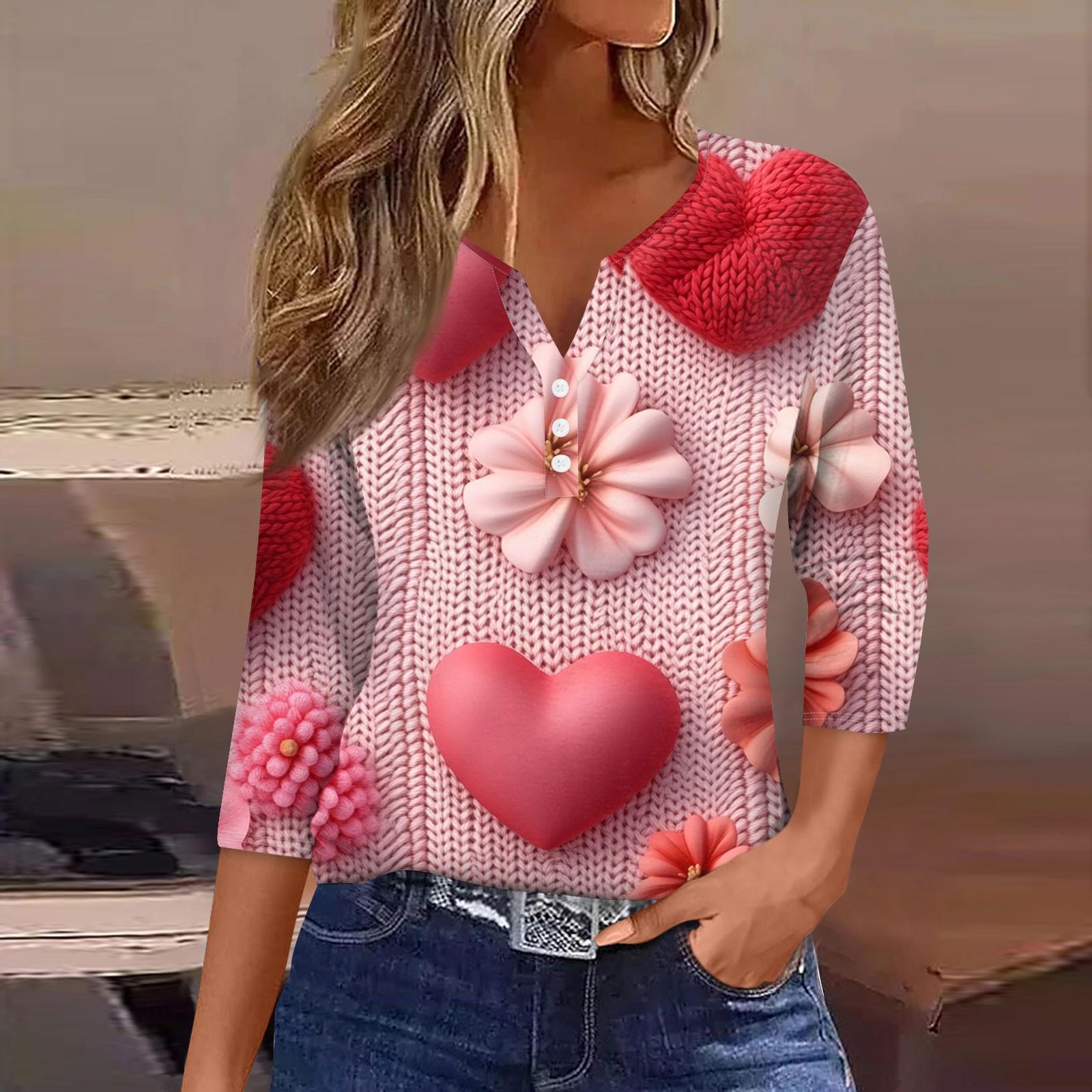 

Женская повседневная футболка с пуговицами, V-образным вырезом, семью рукавами и принтом ко Дню святого Валентина XL арбуз красный