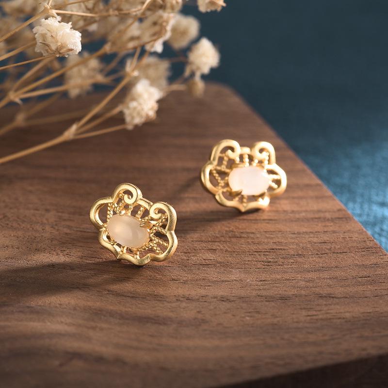 Kolczyki Meilong Ancient Gold Ruyi z Zamkiem Pokoju z Agatem Chalcedonowym