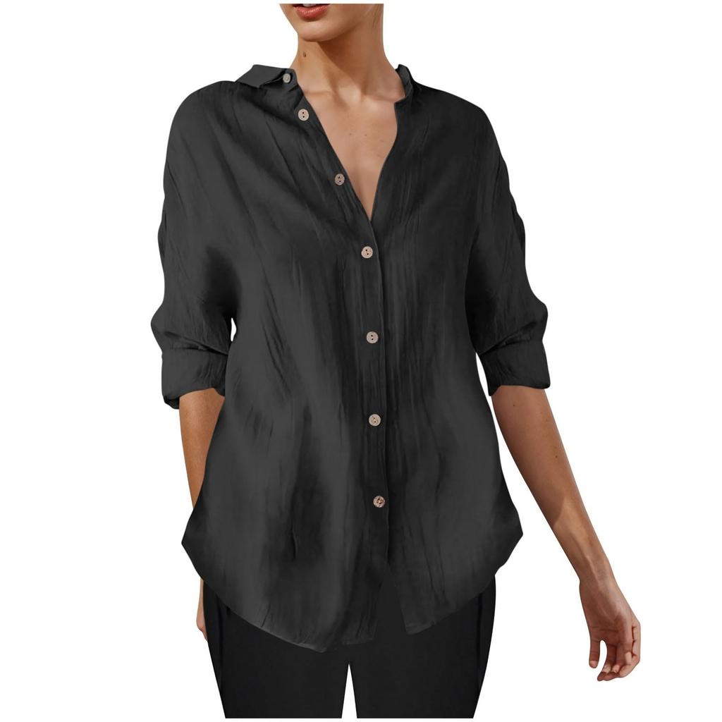 Long Sleeve Linen Shirts For Women Button Down Loose Solid Color Blouse Lightweight Casual Lapel Tunic Tops