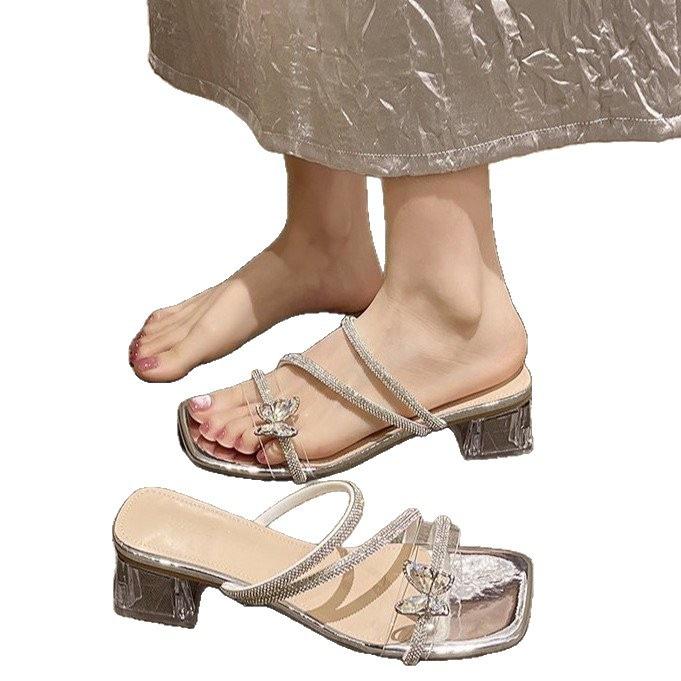 Thick-heeled slippers summer wear new French fairy style bow rhinestone temperament high-heeled crystal sandals